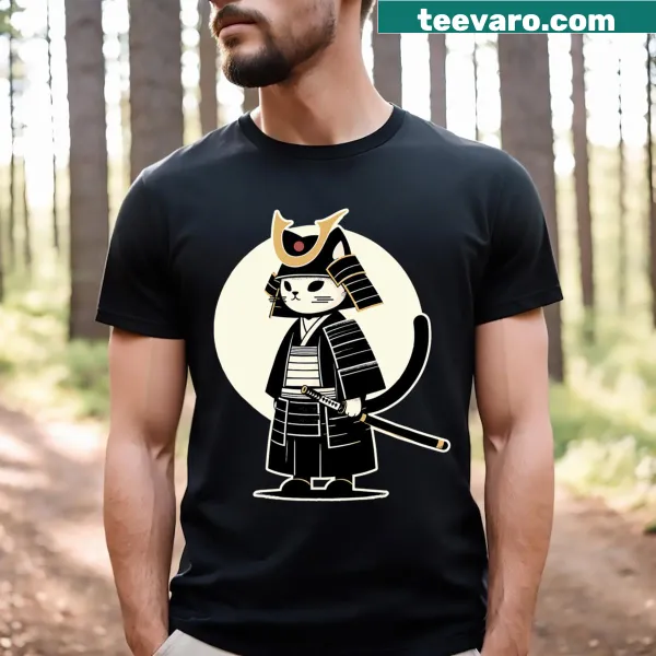 Cute kawaii cat T-shirt with anime and samurai design
