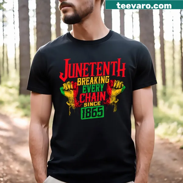 Kids Juneteenth T-shirt with text 'Breaking Every Chain Since 1865'
