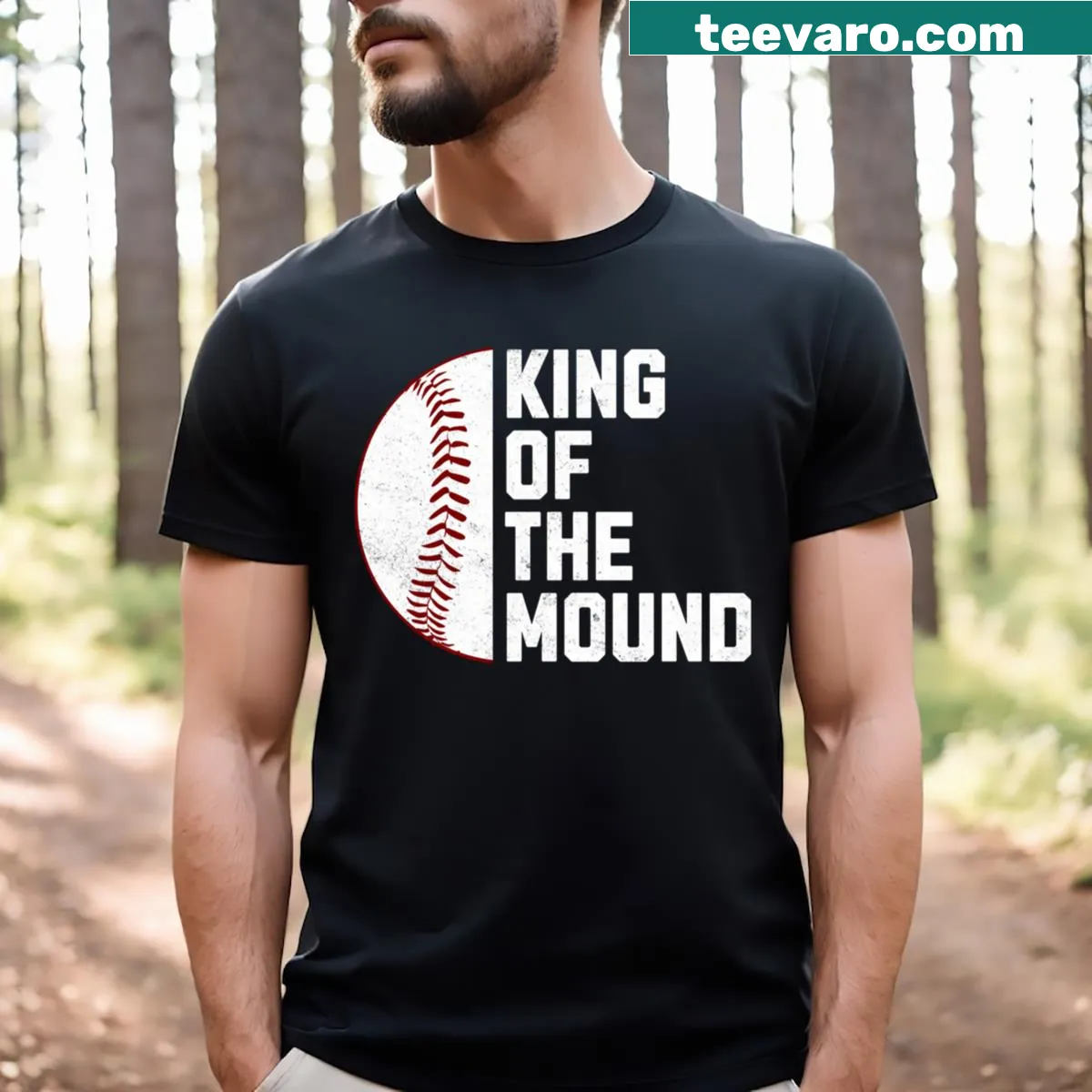 Graphic of a baseball pitcher with text 'King Of The Mound' — on a men's t-shirt