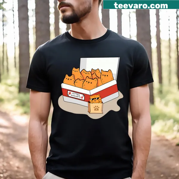 Humorous T-shirt featuring Kitten Nuggets text with a cute cat design
