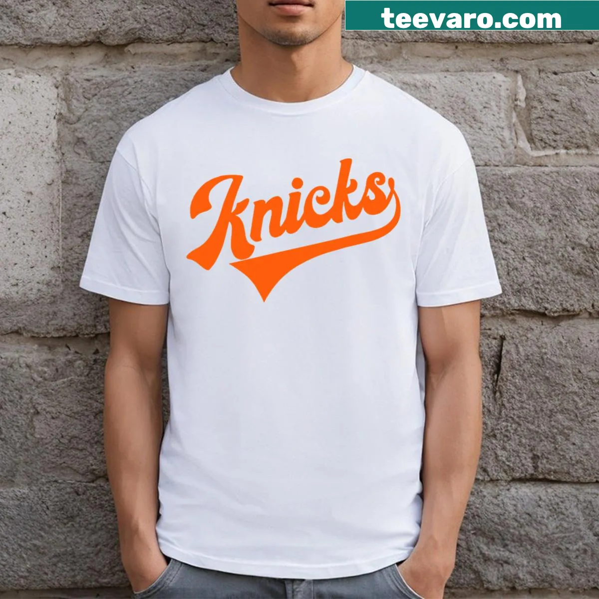 Vintage retro Knicks name graphic t-shirt — on a men's t-shirt