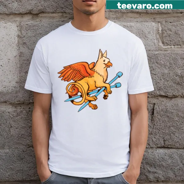 T-shirt featuring a knitting griffin illustration