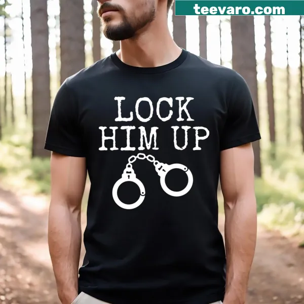 T-shirt with the text 'Lock Him Up Save Democracy' in a thoughtful design.