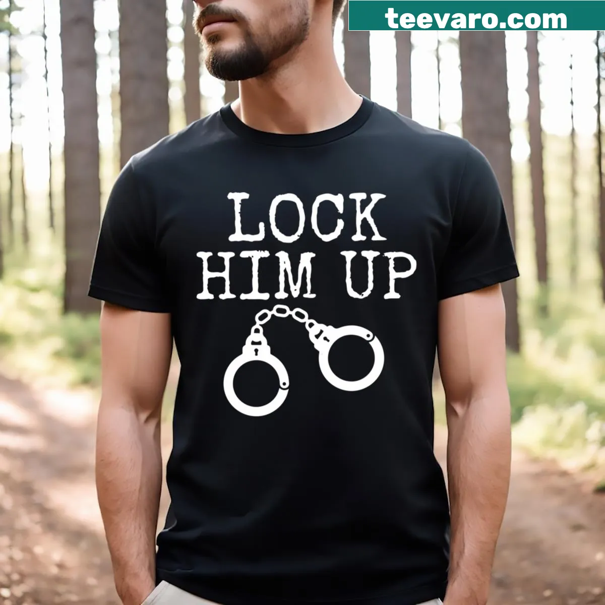 T-shirt with the text 'Lock Him Up Save Democracy' in a thoughtful design. — on a men's t-shirt