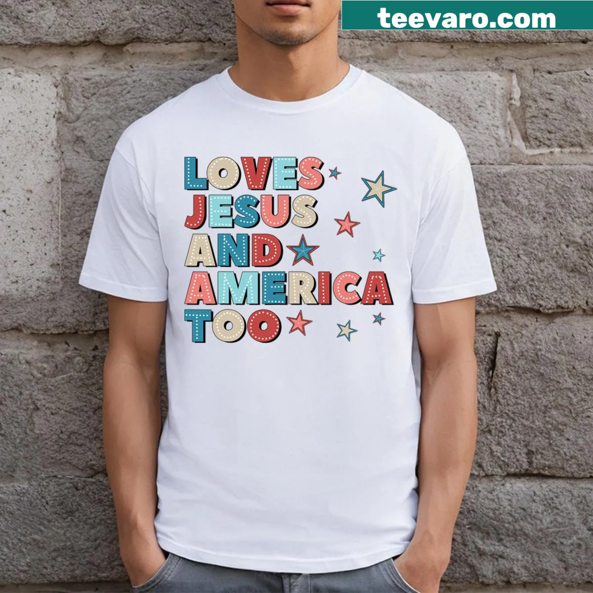 T-shirt featuring a design that combines faith and patriotism — on a men's t-shirt