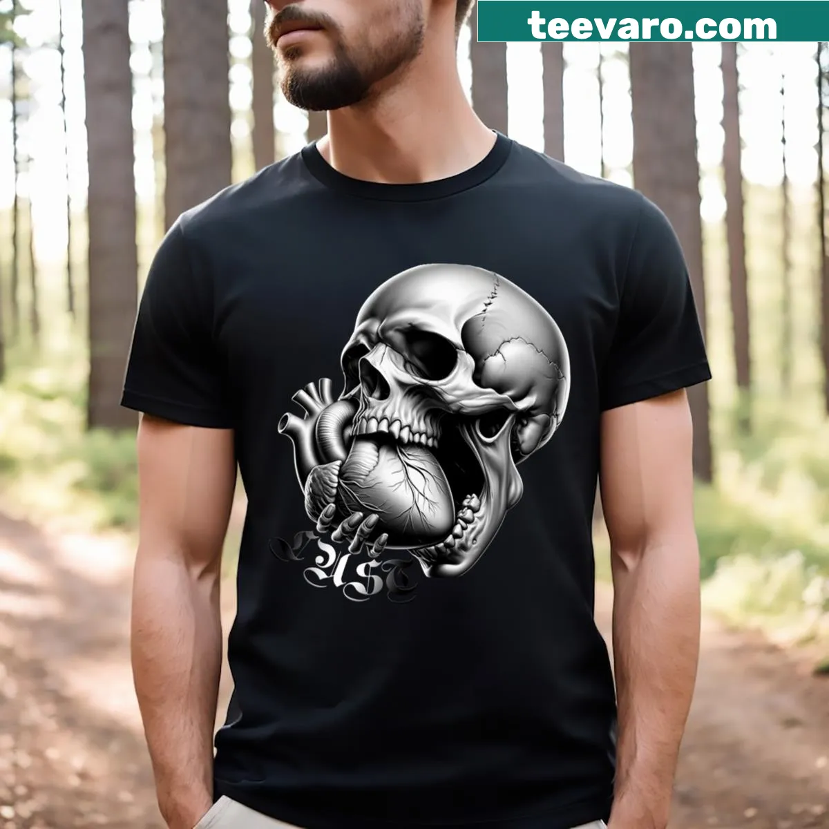 Unique shirt featuring a skull and heart illustration — on a men's t-shirt