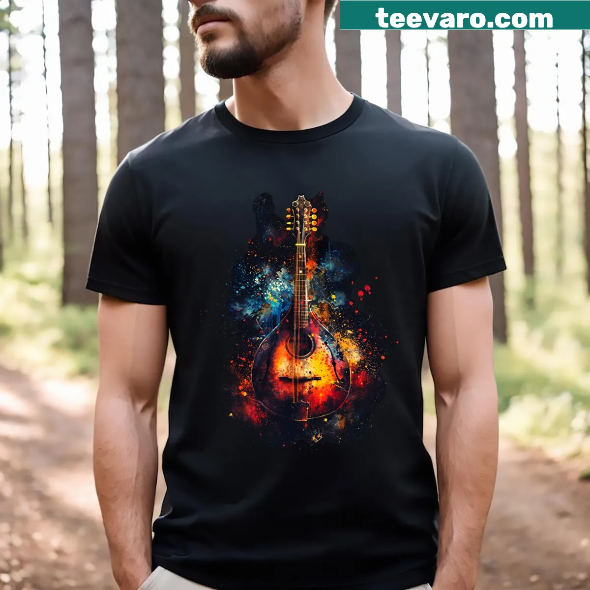 Illustration of a mandolin instrument on a colorful t-shirt design — on a men's t-shirt