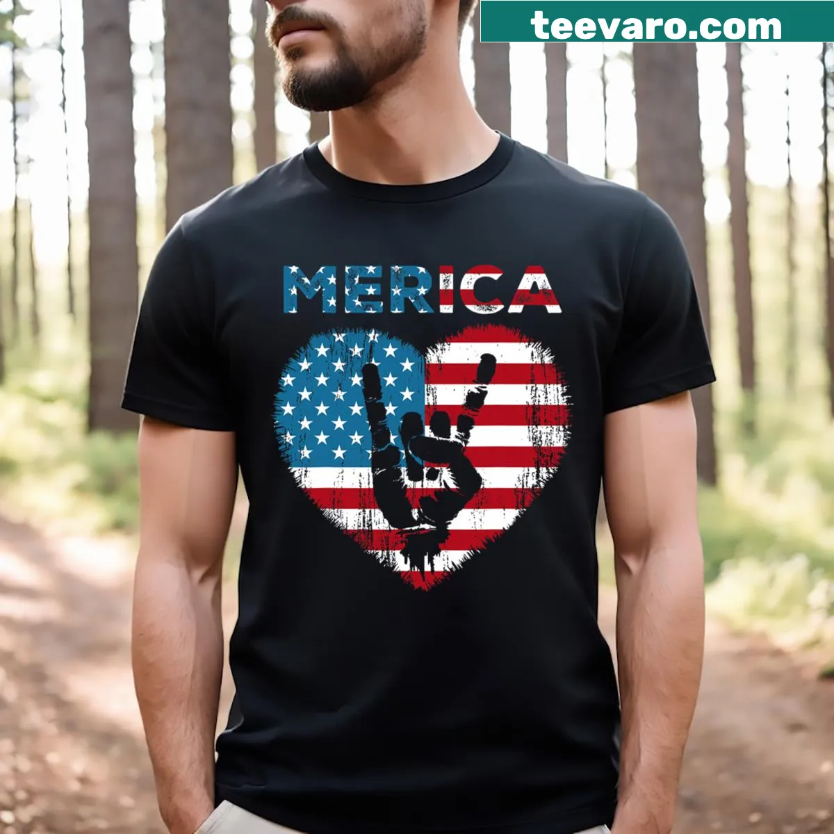 Patriotic T-shirt featuring rock sign and American flag — on a men's t-shirt