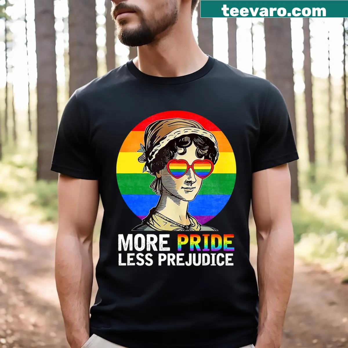 LGBT pride T-shirt with 'More Pride Less Prejudice' text — on a men's t-shirt