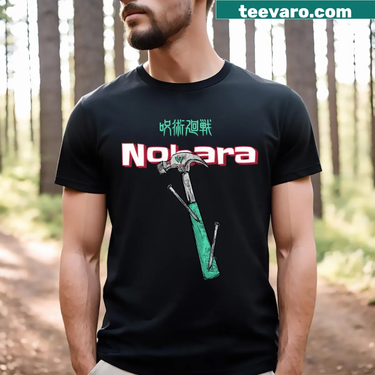 Nobara K T-shirt featuring a dynamic illustration of the character — on a men's t-shirt