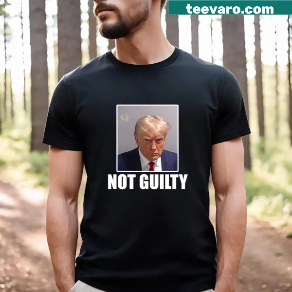 T-shirt featuring bold 'Not Guilty' text in a playful font