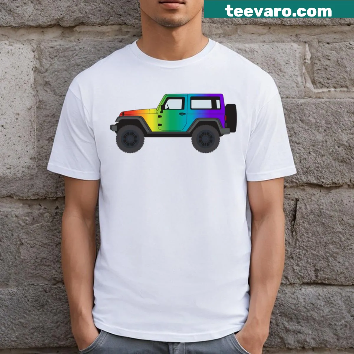 Off-road truck T-shirt with a rainbow paint design — on a men's t-shirt