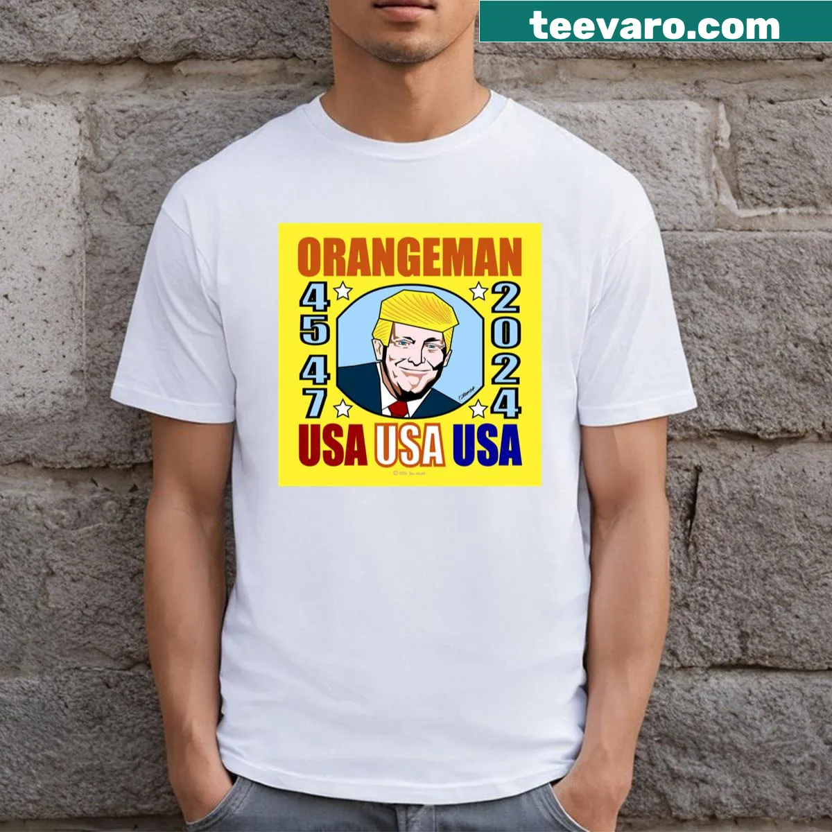Cartoon graphic of Orangeman meme for Trump's campaign — on a men's t-shirt
