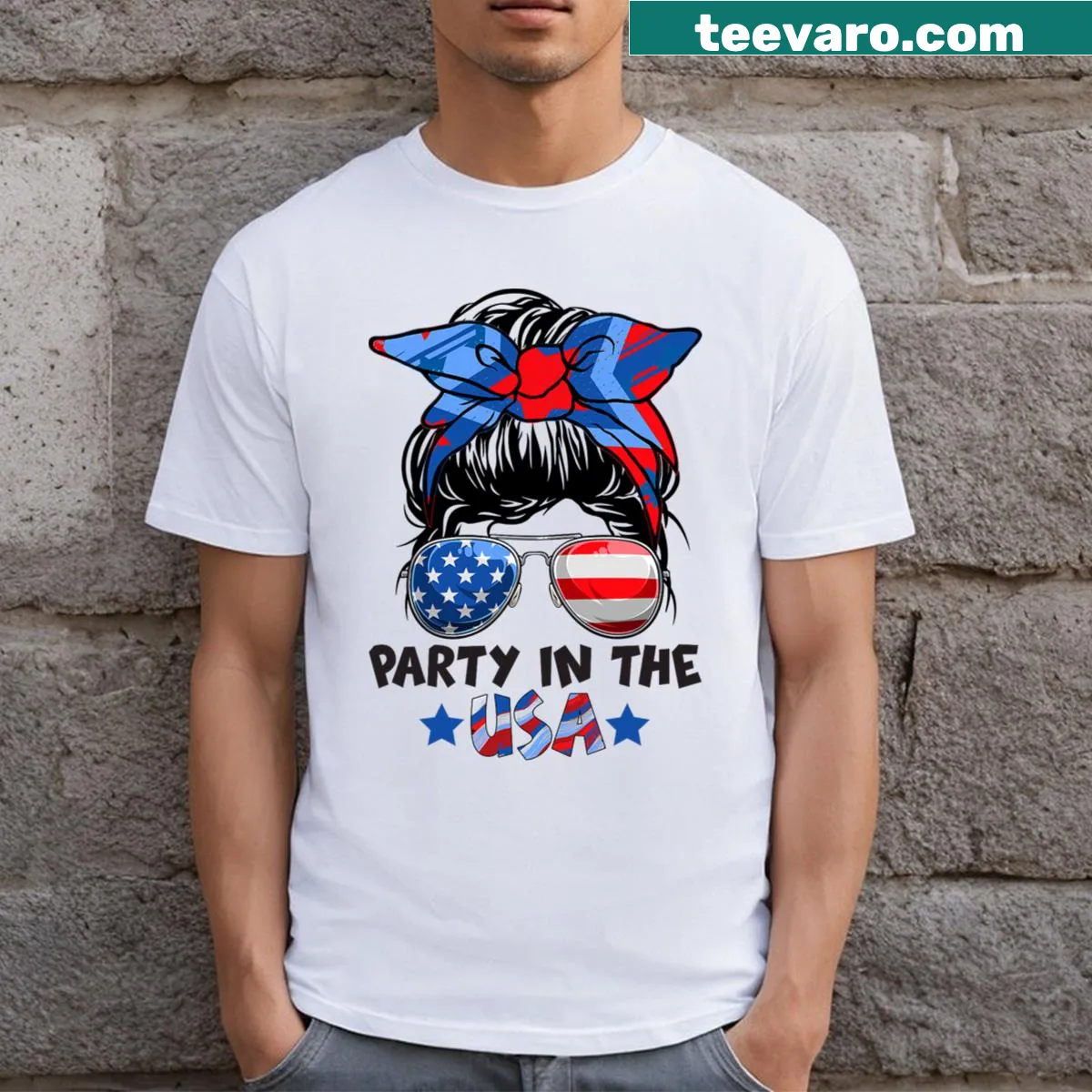 Playful design with messy bun and American flag for 4th of July — on a men's t-shirt