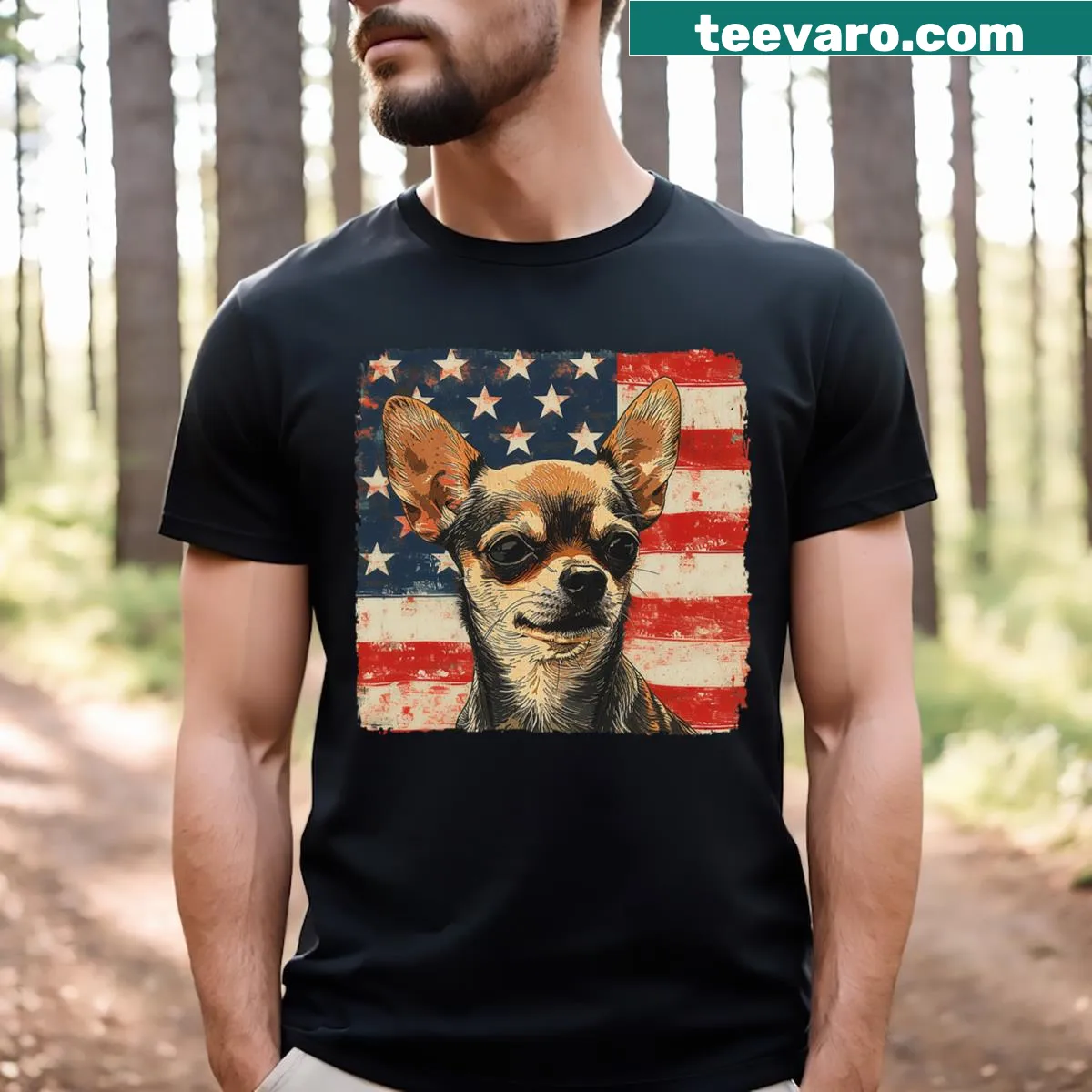 Cartoon chihuahua in festive attire for the Fourth of July — on a men's t-shirt