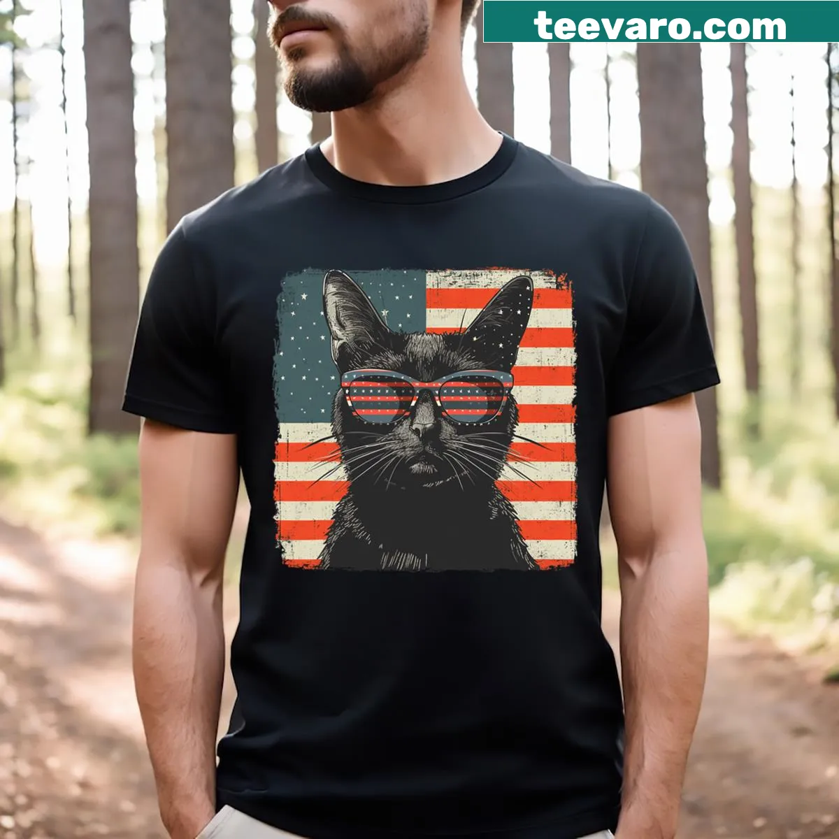 Cute patriotic black cat T-shirt for 4th of July — on a men's t-shirt