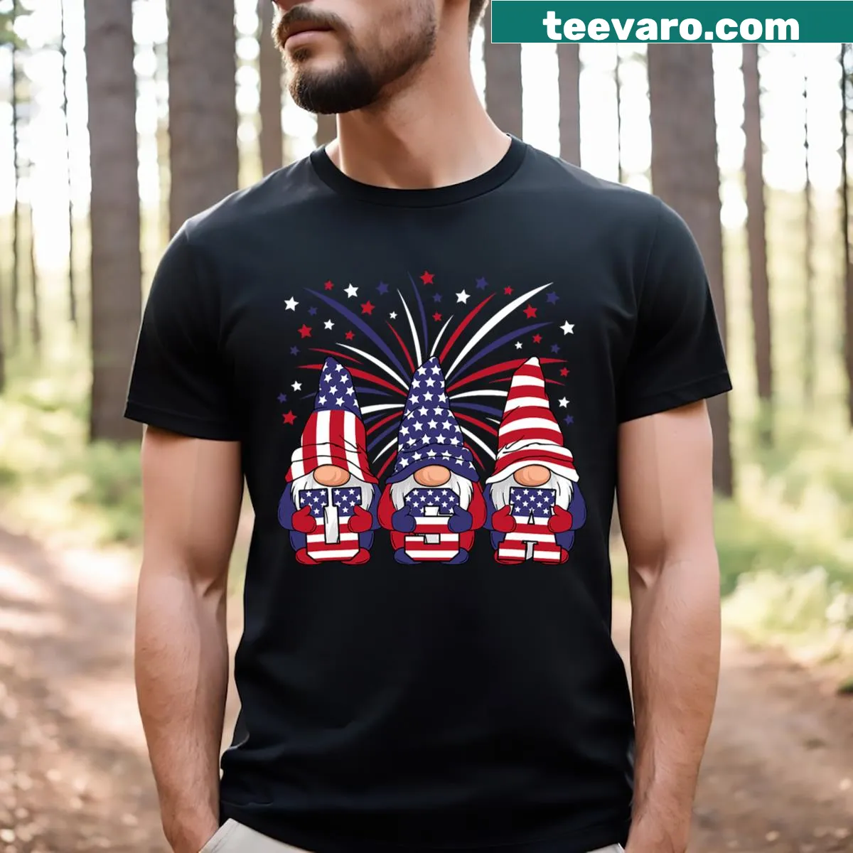 Whimsical gnome design celebrating 4th of July — on a men's t-shirt