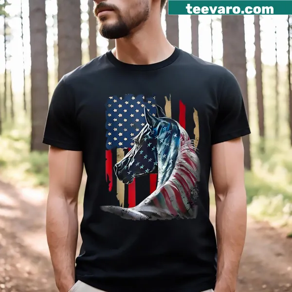 Vintage-style horse T-shirt featuring the American flag for 4th of July
