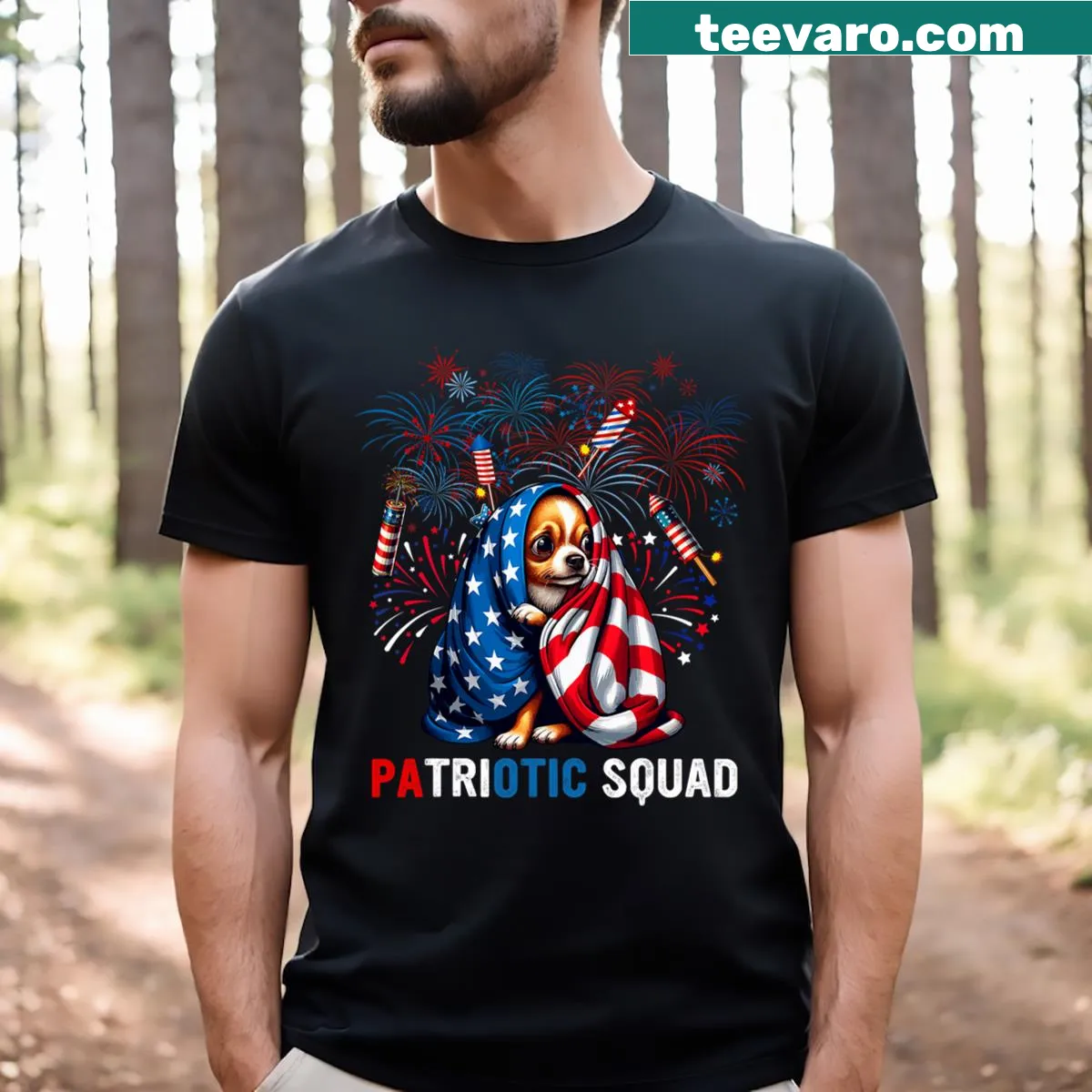 Illustration of a scared Chihuahua with 4th of July elements — on a men's t-shirt