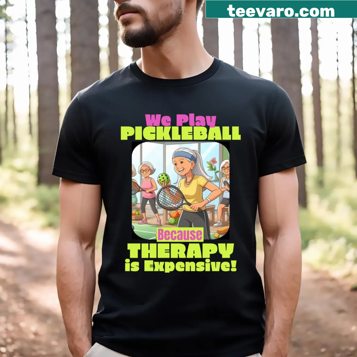 Playful pickleball graphic t-shirt with paddles and balls design — on a men's t-shirt