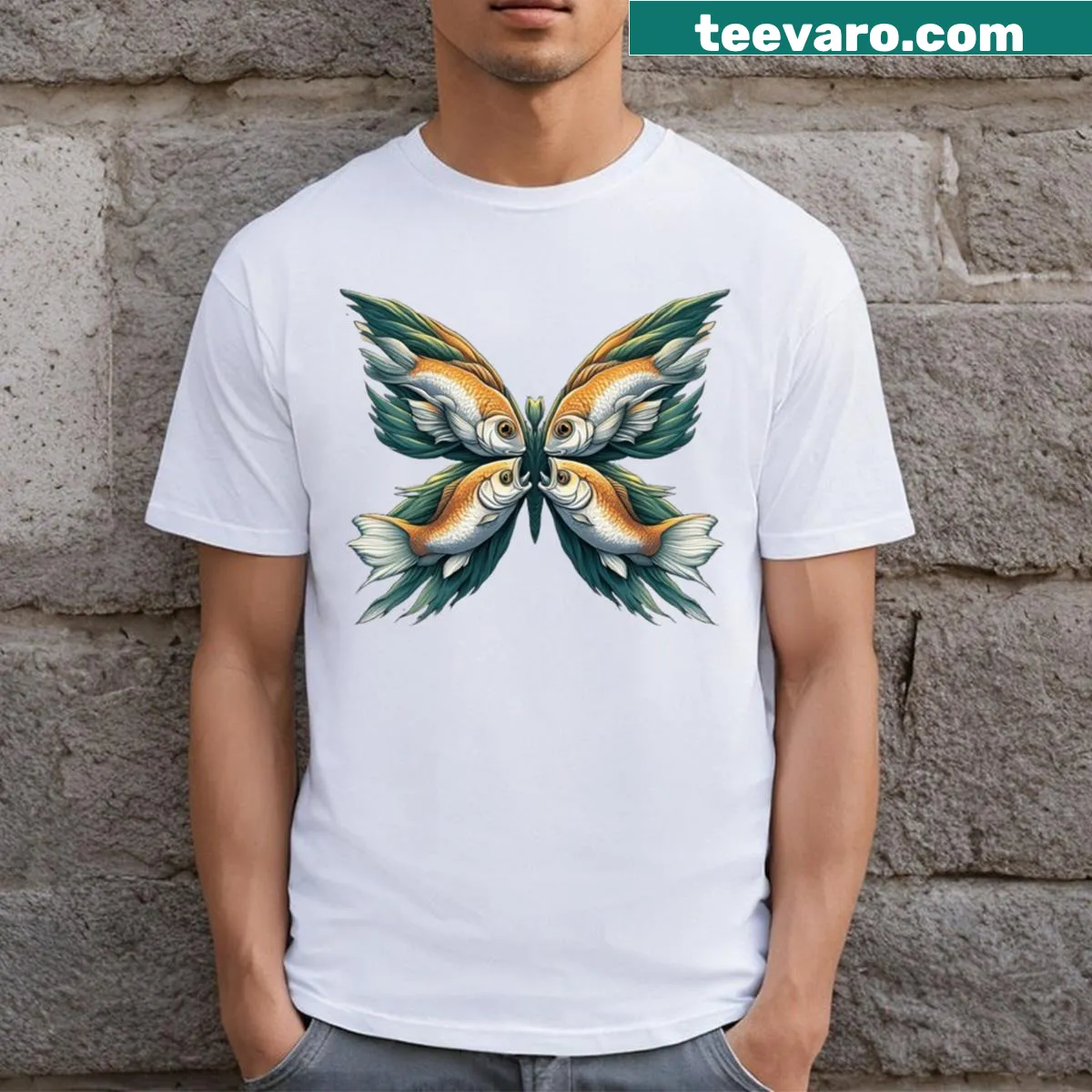 Creative graphic t-shirt featuring a piranha and butterfly fusion — on a men's t-shirt