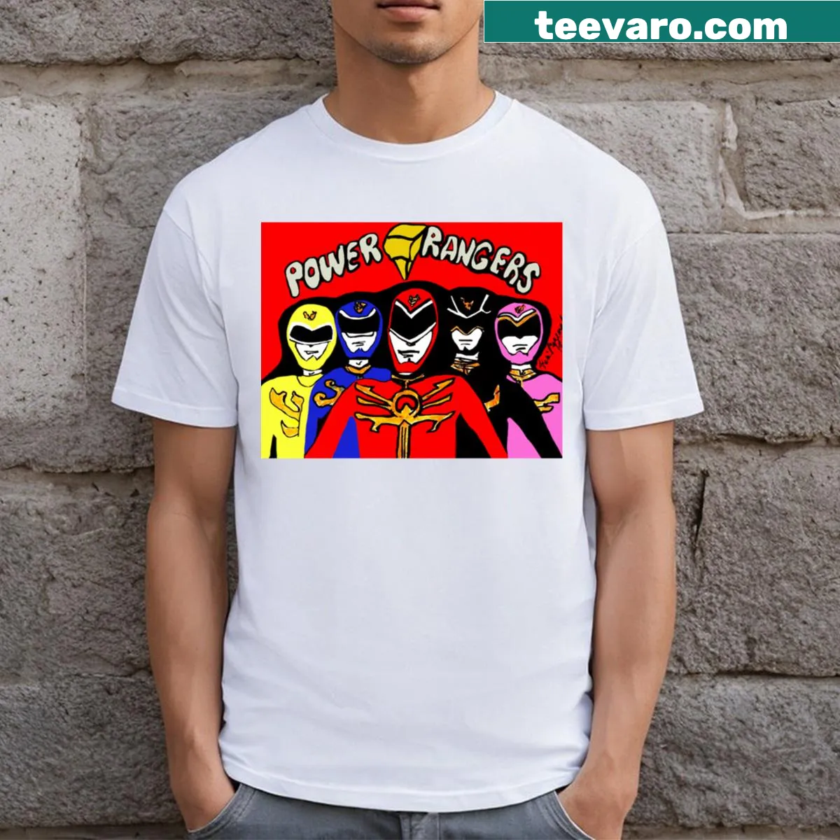 Retro Power Rangers themed T-shirt — on a men's t-shirt