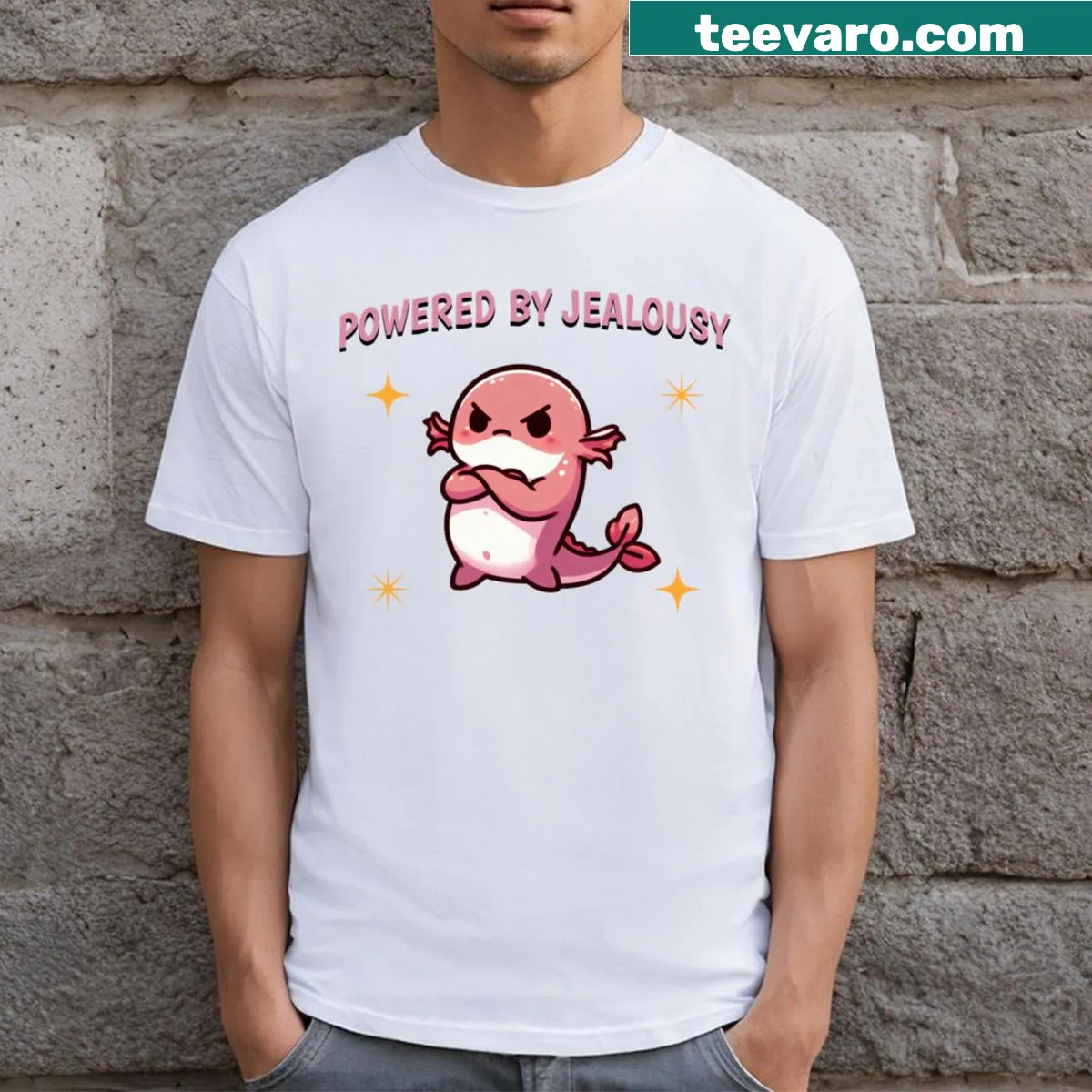 Cartoon axolotl T-shirt with humorous text — on a men's t-shirt