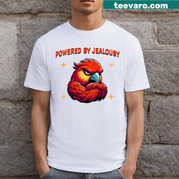 Illustrated parrot design with the phrase Powered By Jealousy on a t-shirt