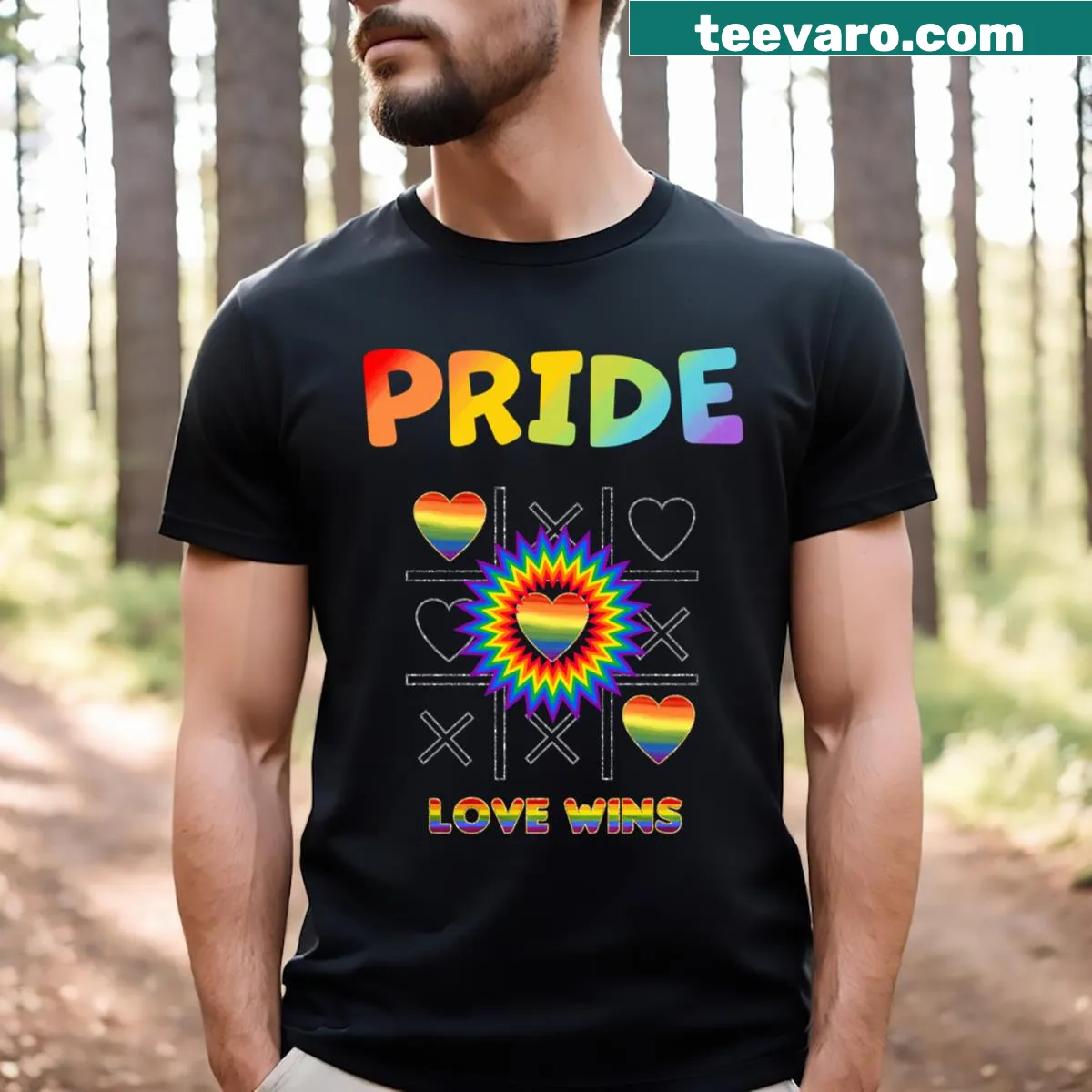 T-shirt with the phrase 'Pride And Love Win' for LGBTQ+ support — on a men's t-shirt