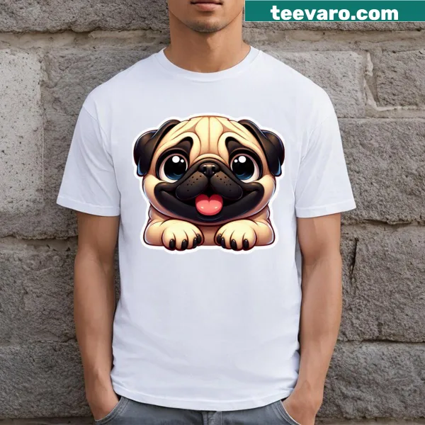 Cute T-shirt featuring an illustration of a pug dog.