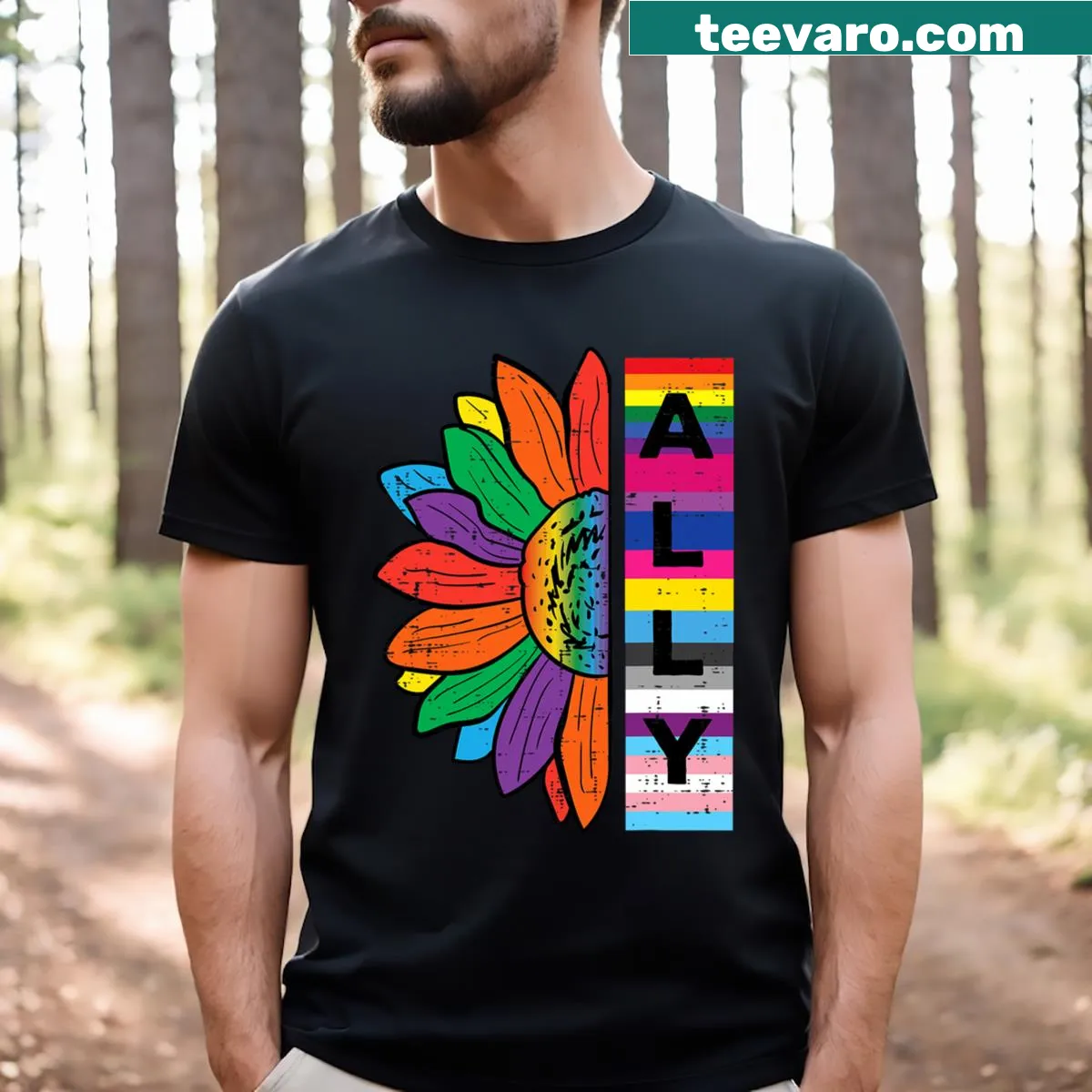 Rainbow sunflower and LGBT flag design on T-shirt — on a men's t-shirt