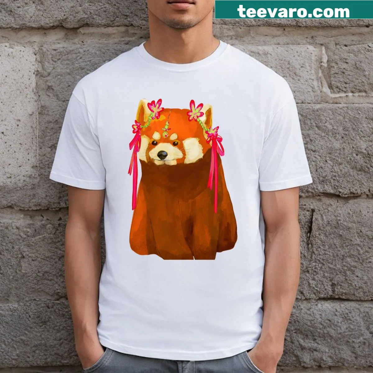 Adorable red panda illustration wearing a traditional headpiece — on a men's t-shirt