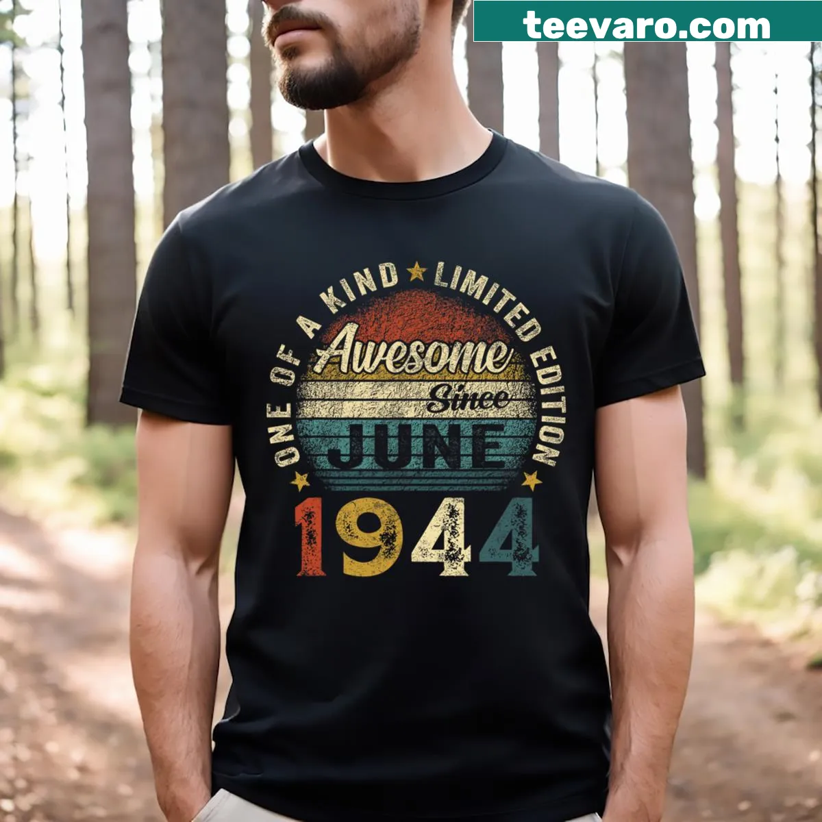 Retro 80th birthday shirt celebrating June 1944 birth — on a men's t-shirt