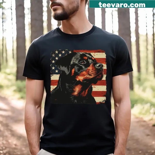 Patriotic t-shirt featuring a Rottweiler and American flag design