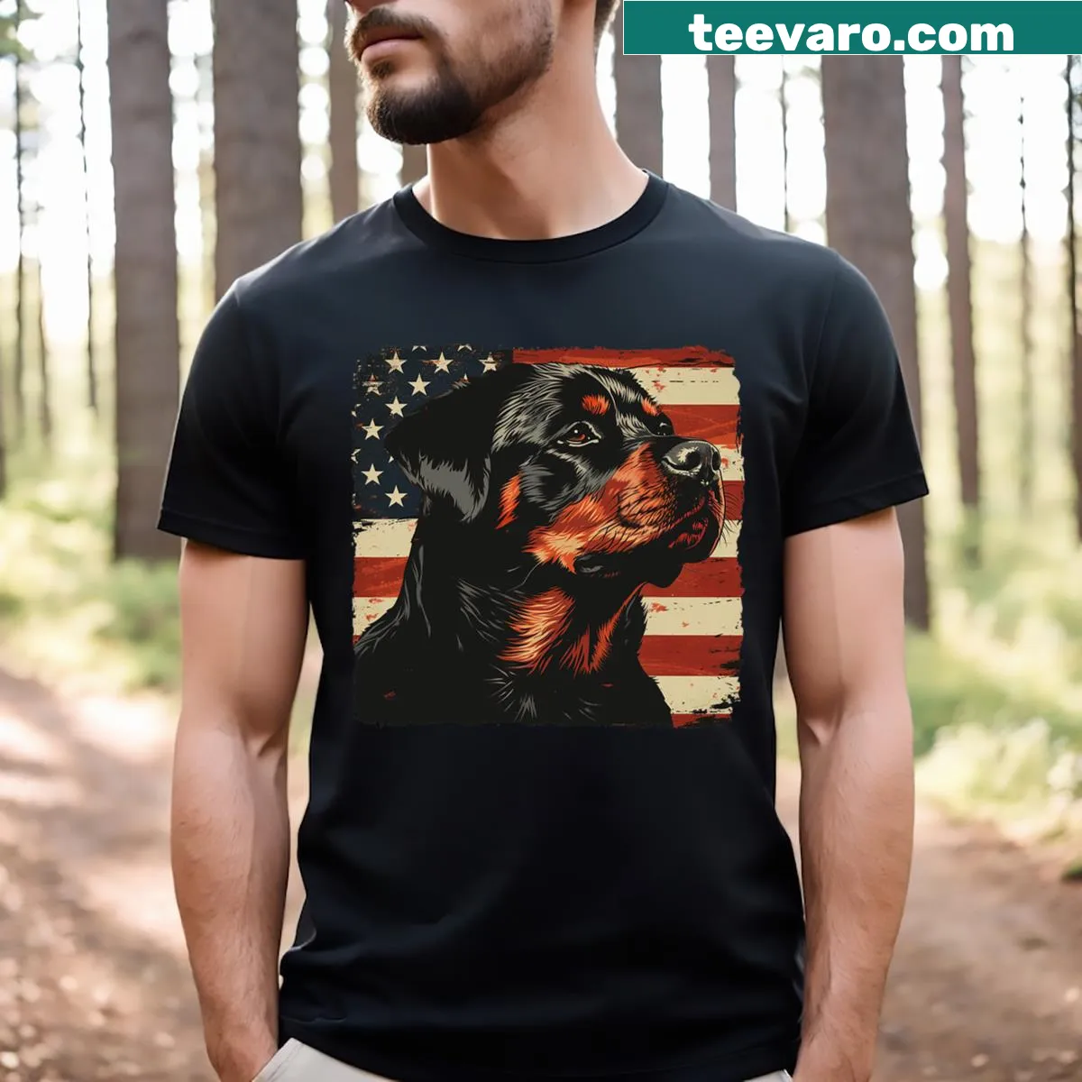 Patriotic t-shirt featuring a Rottweiler and American flag design — on a men's t-shirt