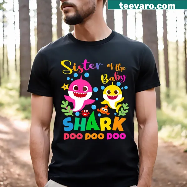 Cartoon shark design on Sister Of The Shark birthday T-shirt