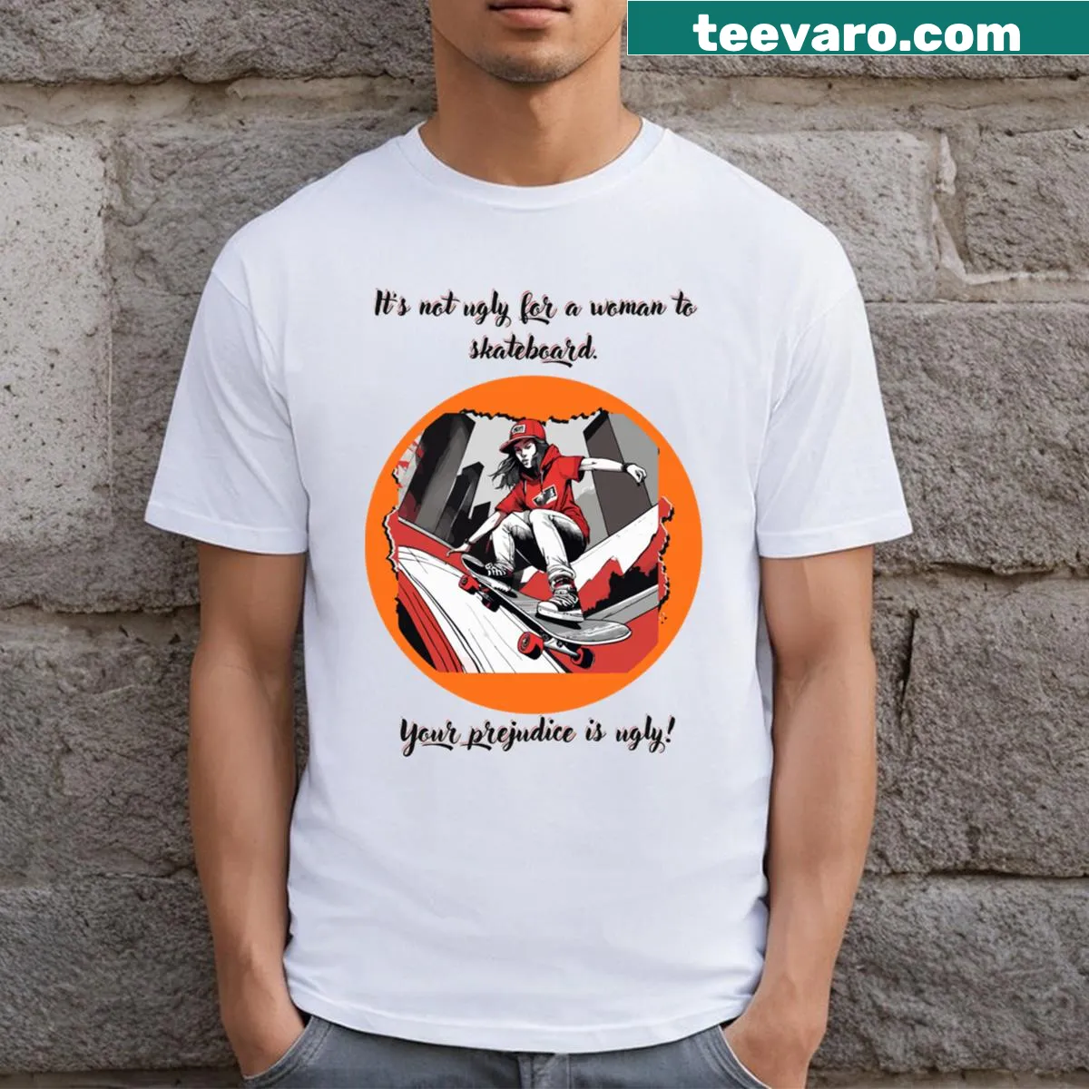 Illustrative T-shirt for women celebrating skateboarding and sport. — on a men's t-shirt