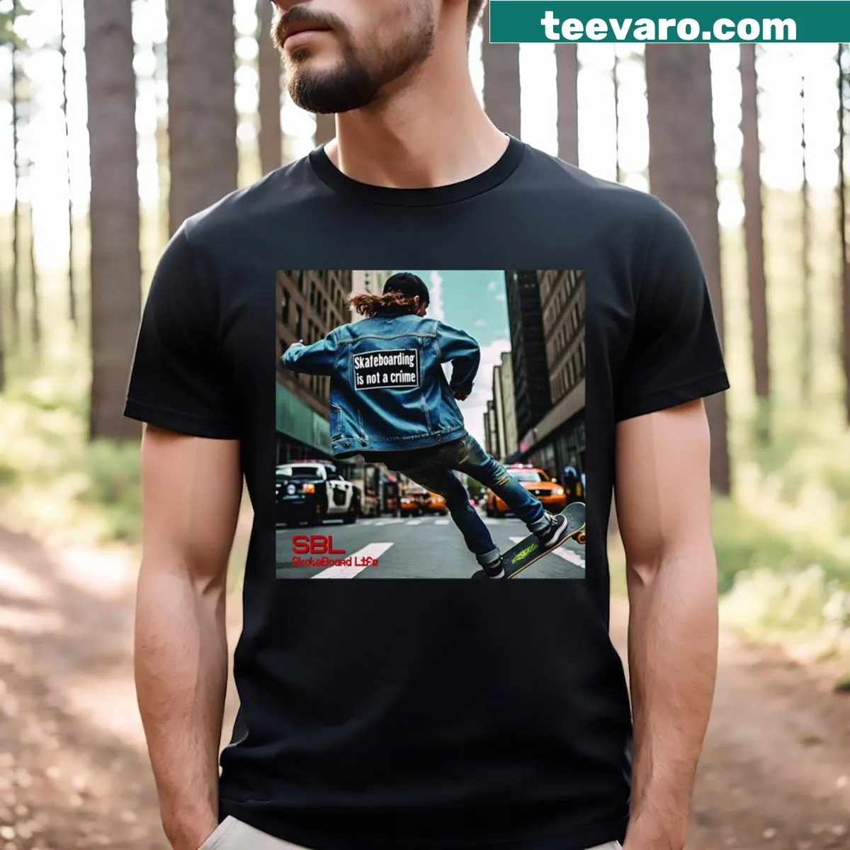 Skateboarding Is Not A Crime text design T-shirt — on a men's t-shirt
