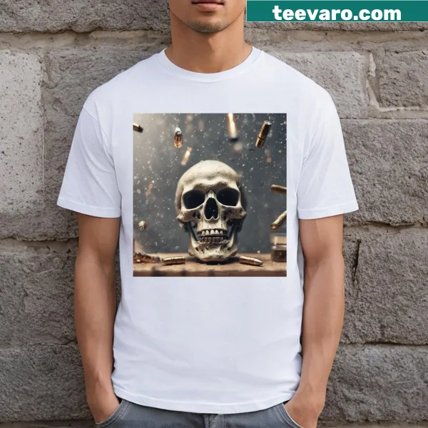 Edgy T-shirt featuring a skull and bullets graphic.