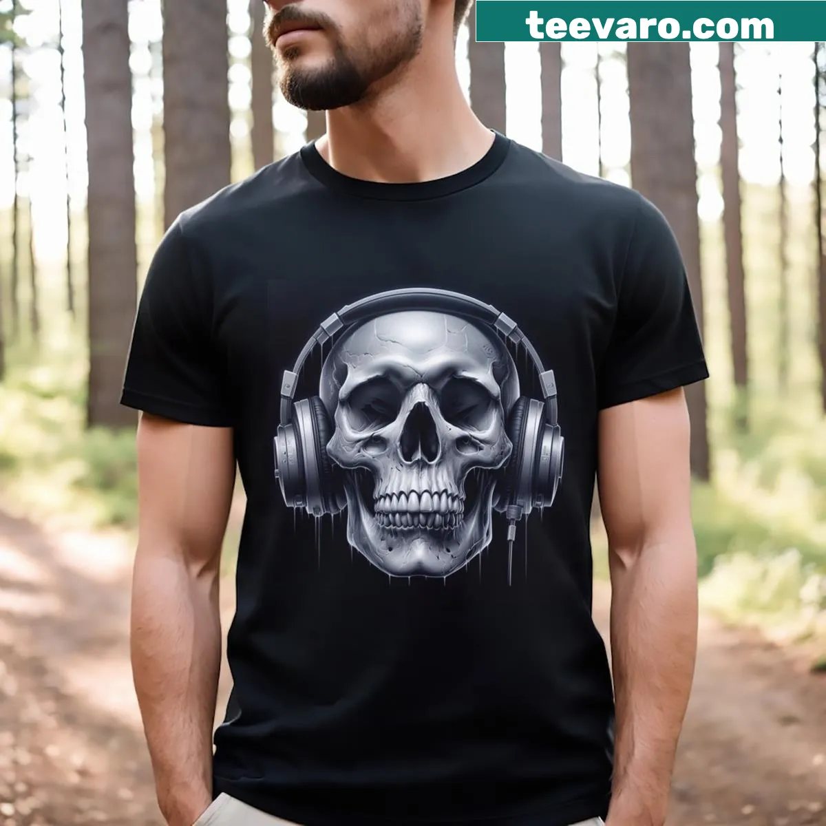 Skull wearing headphones graphic on T-shirt — on a men's t-shirt