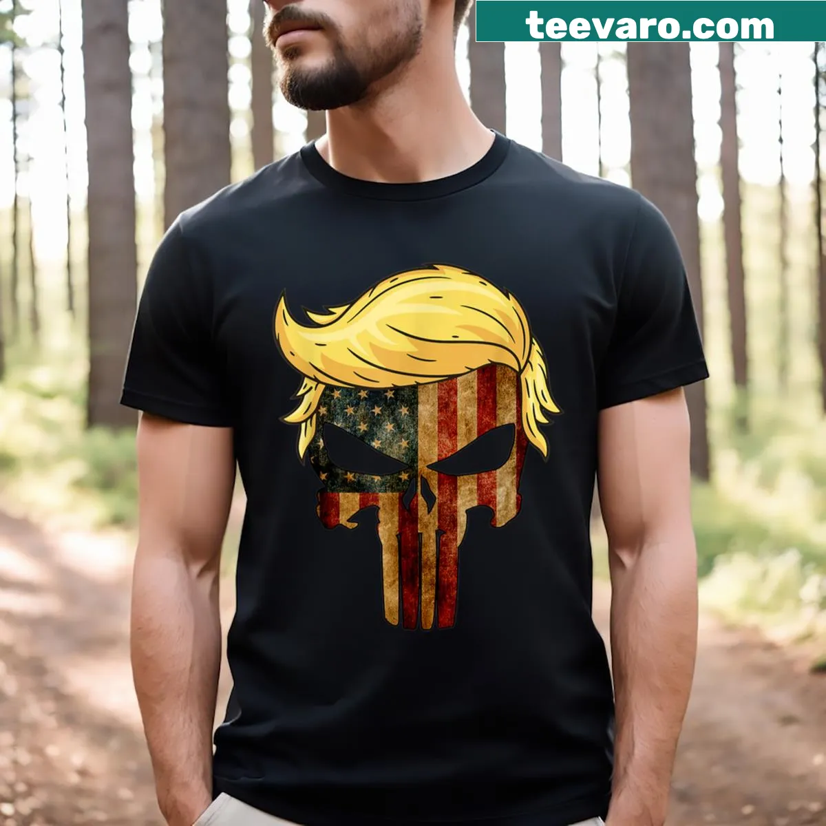 Unique T-shirt with a skull featuring Trump hair and American flag elements — on a men's t-shirt