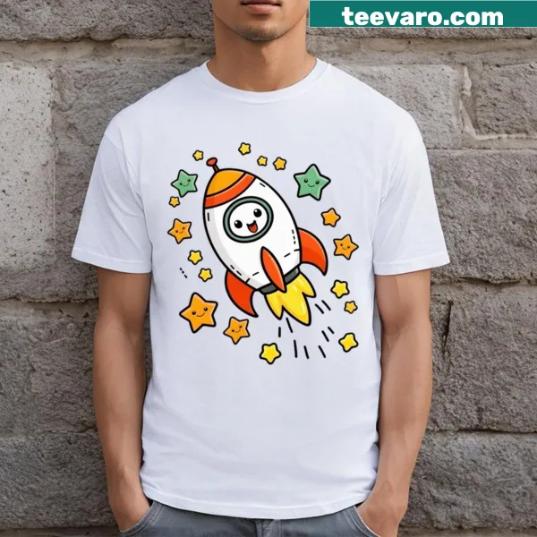 Whimsical spaceship in space design T-shirt