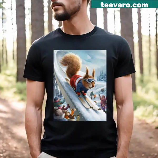 Playful graphic of a squirrel skiing on a snowy slope