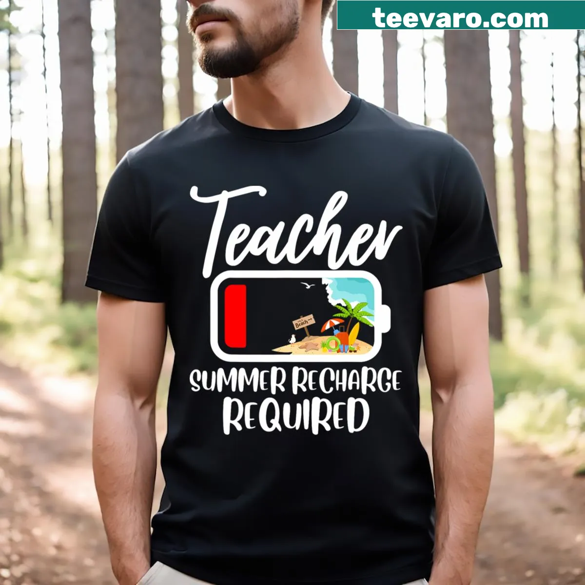 Funny T-shirt for teachers with summer recharge message — on a men's t-shirt