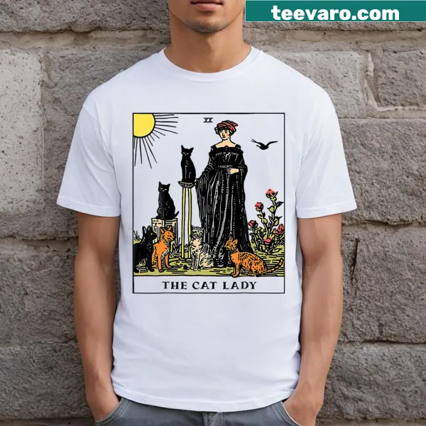 Vintage-style T-shirt with gothic cat lady tarot card design