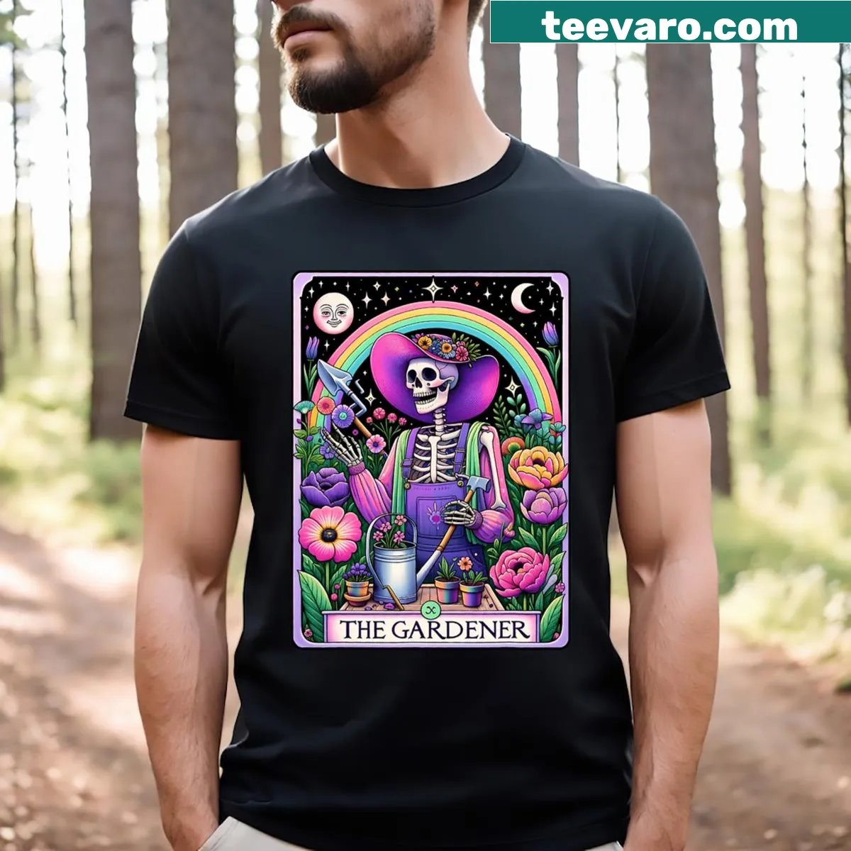 Vintage-style Halloween t-shirt with a tarot card design featuring a skull and plants — on a men's t-shirt