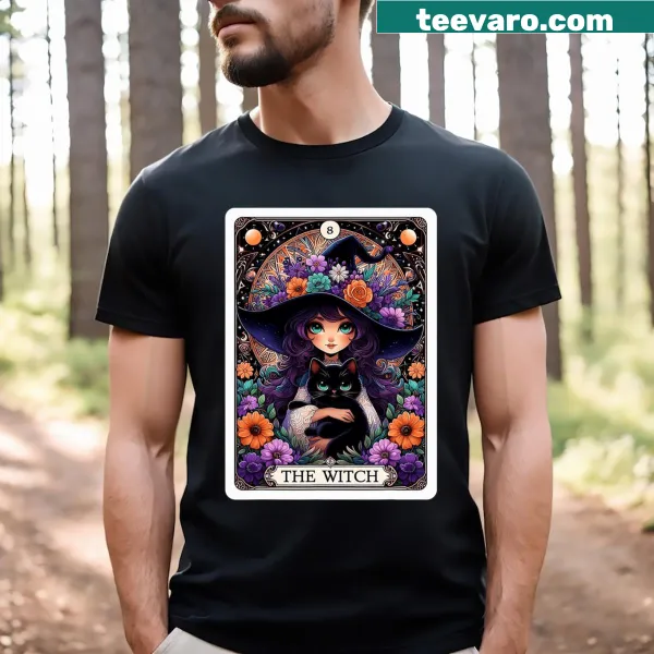 Cartoon-style t-shirt featuring a witch tarot card and a black cat