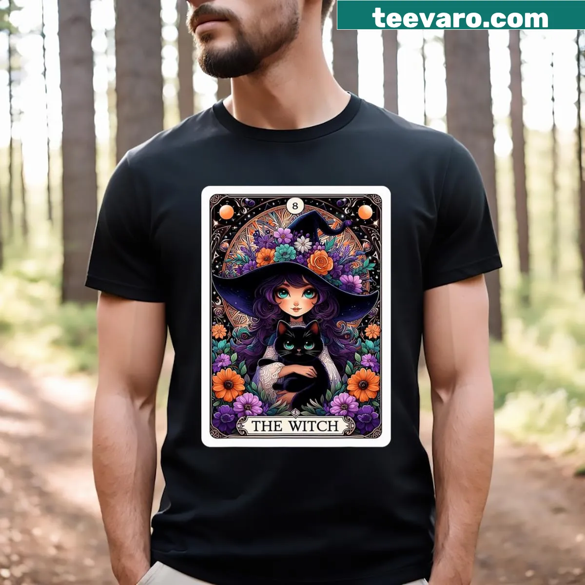 Cartoon-style t-shirt featuring a witch tarot card and a black cat — on a men's t-shirt