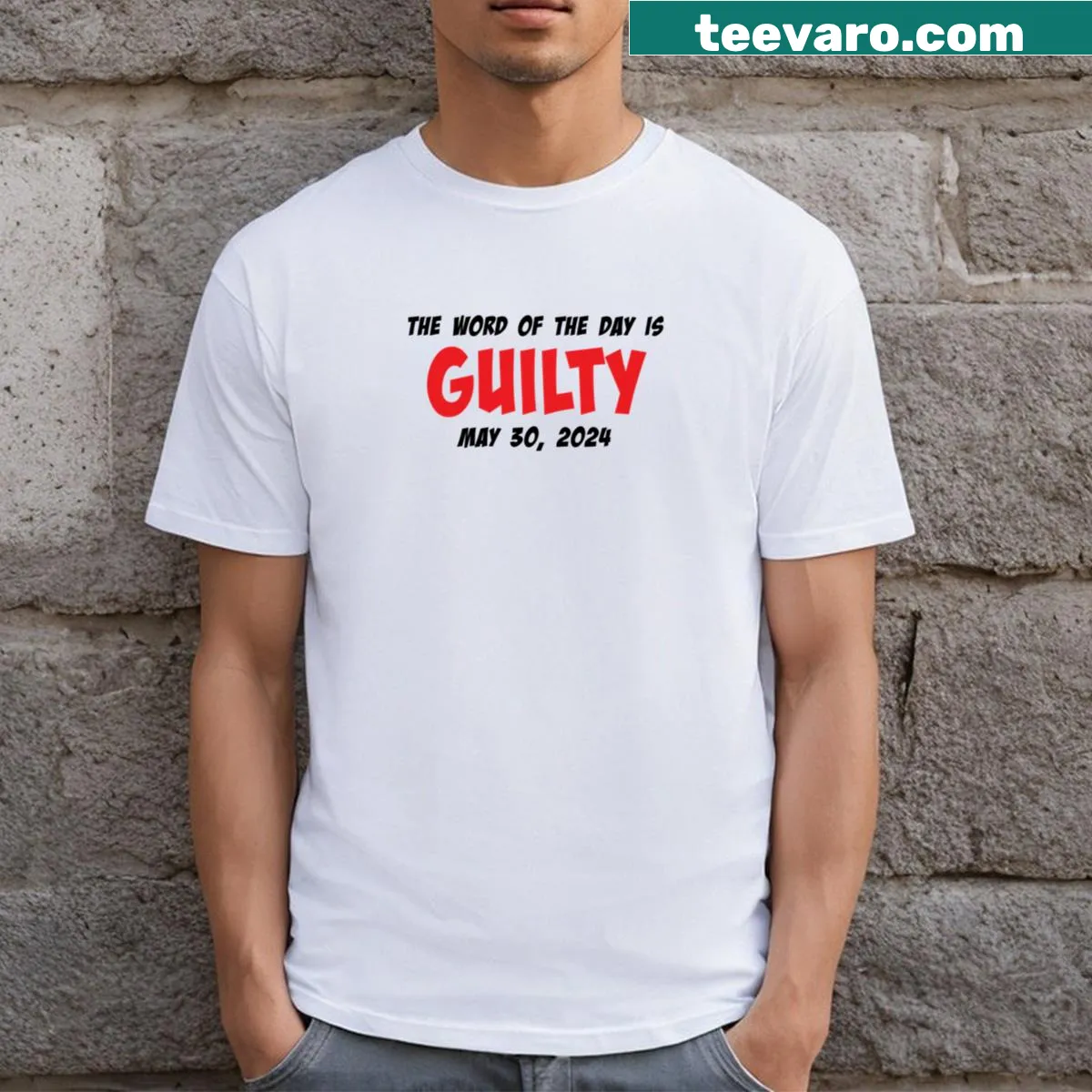T-shirt with the phrase 'The Word Of The Day Is Guilty' — on a men's t-shirt