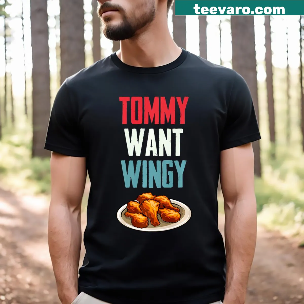 Whimsical T-shirt featuring Tommy character and humorous text — on a men's t-shirt